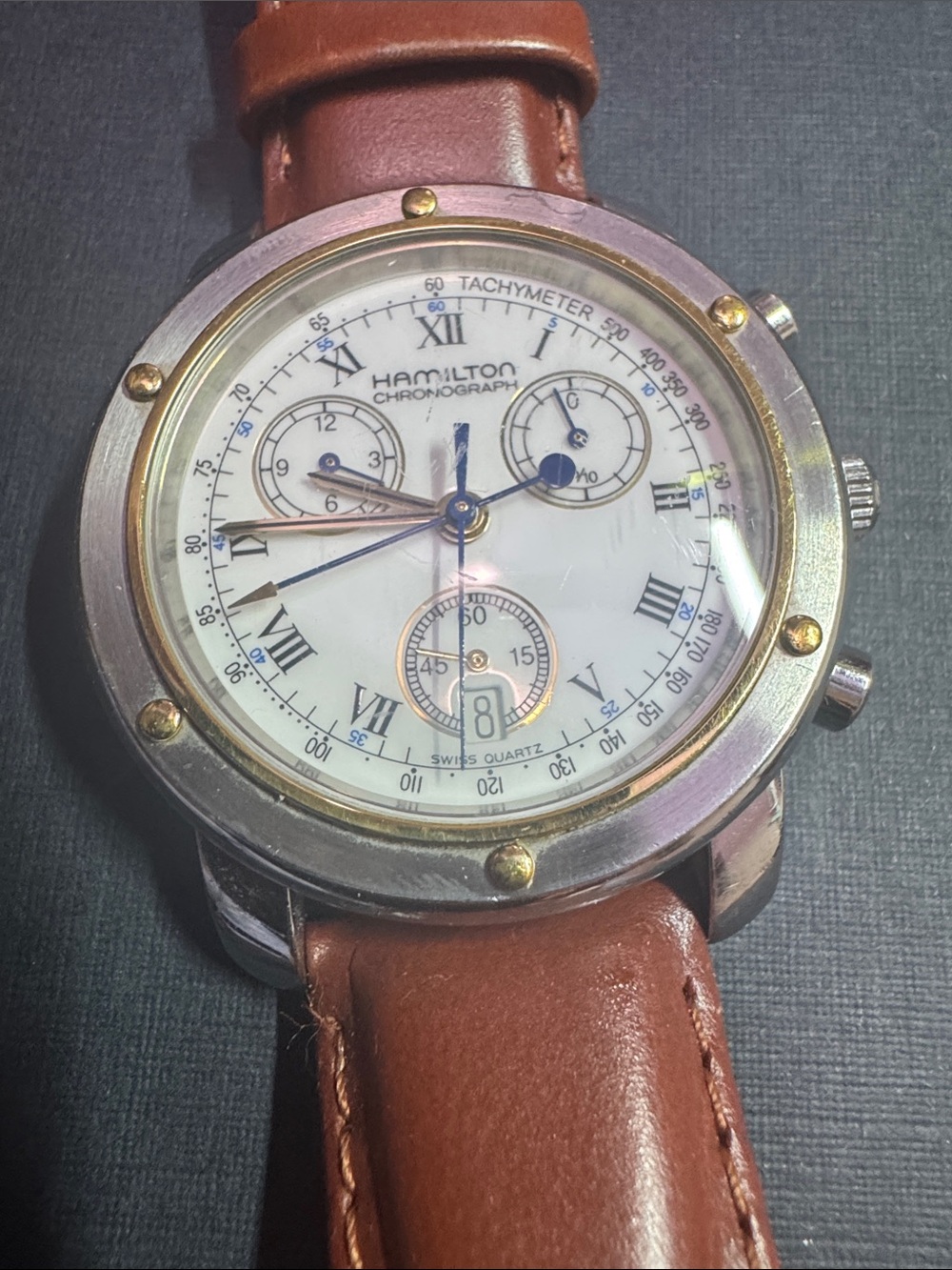 Hamilton Men’s Chronograph 8800 Watch - White Dial, Brown leather Strap
